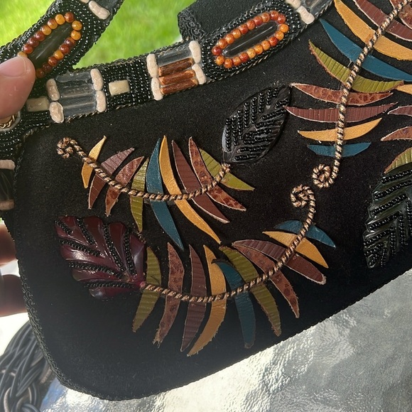 Mary Frances Vintage Beaded Handbag Black Suede Boho Leaf Design – Missing Beads - Picture 3 of 10